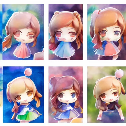 Image similar to beautiful water color concept art of cute nendoroid girl in the style of story book, toon rendering, close-up, flat, lacking in three-dimensionality, flat tone