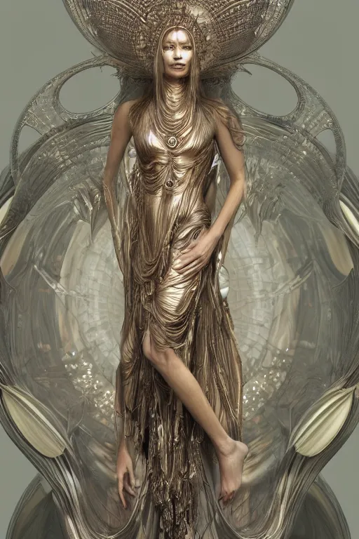 Prompt: a realistic moody photo of a beautiful ancient alien woman goddess kate moss durga standing in iris van herpen dress jewelery and fractals in style of alphonse mucha art nuvo dmt trending on artstation made in unreal engine 4