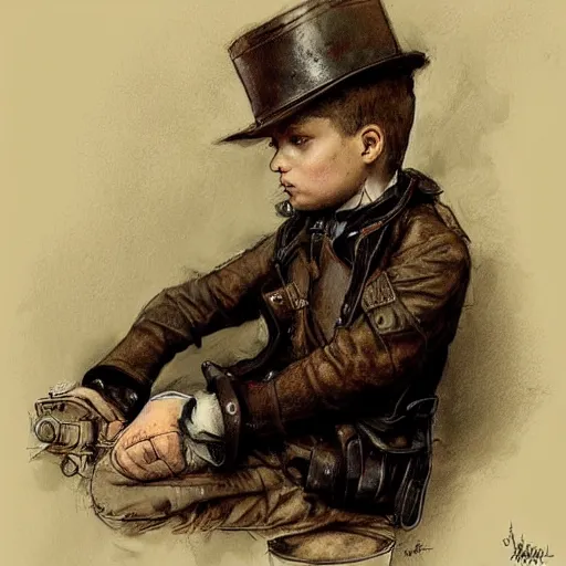 Image similar to by Jean-Baptiste Monge !!!!!!!!!!!!!!!!!!!!!!!!!!!!!!!!!!!!! (((((((((((((portrait of boy dressed as steampunk detective wearing leather gloves . muted colors. art sketch)))))))))))))