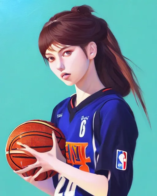 Image similar to A ultradetailed beautiful panting of a stylish girl wearing a basketball jersey, she is holding a basketball, Oil painting, by Ilya Kuvshinov, Greg Rutkowski and Makoto Shinkai