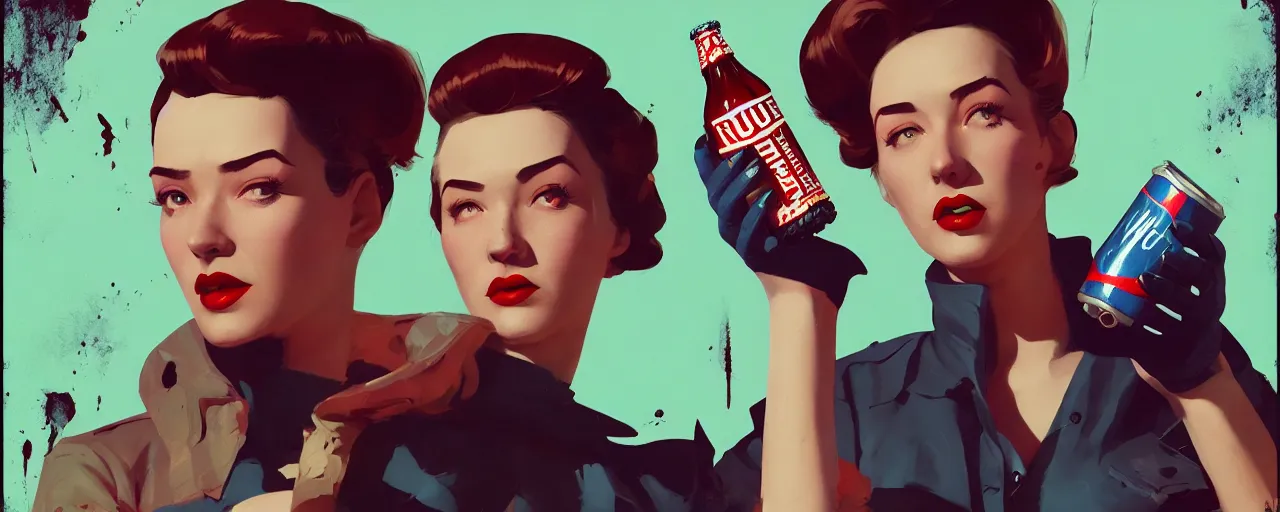 Image similar to duotone noir concept illustration 3 / 4 portrait of female vintage model from fallout 4 advertising nuka cola. accidental renaissance. by sachin teng and sergey kolesov and ruan jia and heng z. graffiti art, scifi, fantasy, hyper detailed. octane render. concept art. trending on artstation