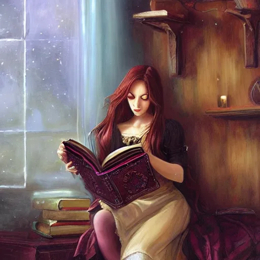 Prompt: a painting of a woman reading a book, a storybook illustration by Anne Stokes, featured on cgsociety, gothic art, wiccan, artstation hd, d&d