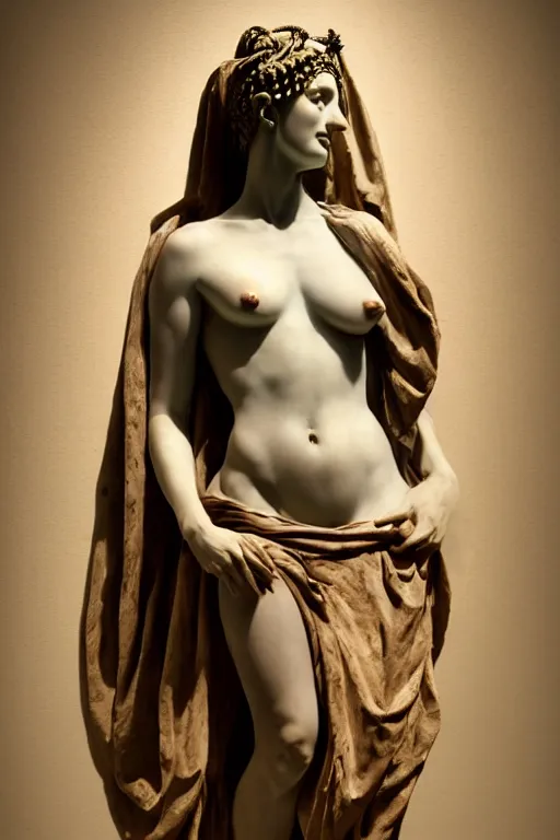 Prompt: marble statue of matte beautiful odalisque, sculpture with satin polished intricated surface, dressed with an old colorful torn silk cloak, using bone becklace, made by antonio corradini, and dug stanat macabre art, dark surrealism, epic and cinematic view, volummetric light, texturized, detailed, freak renaissance, 8 k