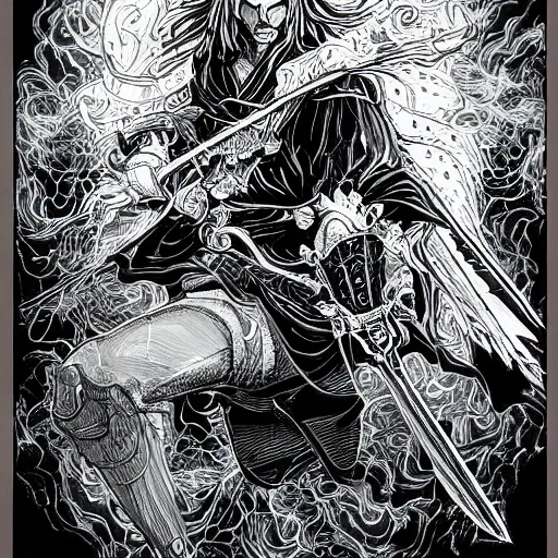 Image similar to black and white pen and ink!!!! aesthetic instagram artstation trending royal! nordic goetic Raiden x Frank Zappa golden!!!! Vagabond!!!! floating magic swordsman!!!! glides through a beautiful!!!!!!! black hole battlefield dramatic esoteric!!!!!! pen and ink!!!!! illustrated in high detail!!!!!!!! by Junji Ito and Hiroya Oku!!!!!!!!! graphic novel published on 2049 award winning!!!! full body portrait!!!!! action exposition manga panel black and white Shonen Jump issue by David Lynch eraserhead and Frank Miller beautiful line art Hirohiko Araki