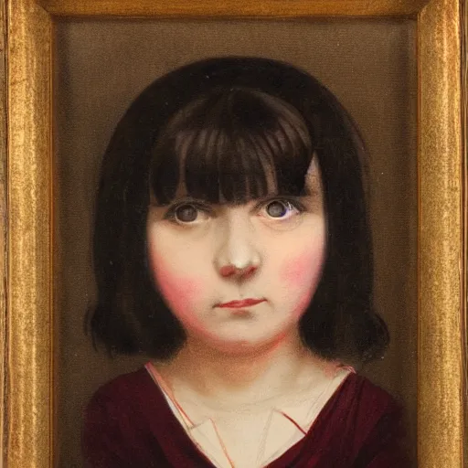 Prompt: character portrait of paleskinned girl with dark hair and bangs. the corners of the eyes are turned down. there is a puncture in the nose and a ring is inserted by francisco goya, dark picture