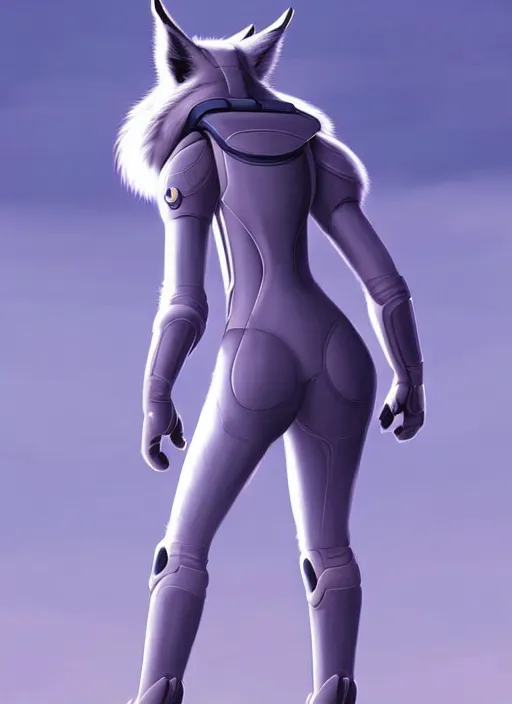 Image similar to wide angle beautiful full body portrait of a strong female anthropomorphic anthro lynx fursona from behind wearing a futuristic space suit. paw pads instead of feet, character design by disney, anime, manga, charlie bowater, ross tran, artgerm, and makoto shinkai, detailed, soft lighting, rendered in octane