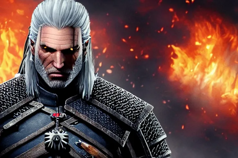 Image similar to Geralt of Rivia is The Avatar, Master of all four elements.