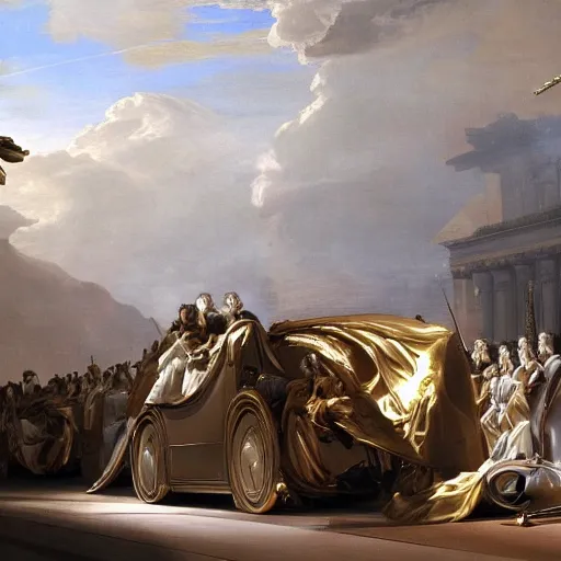 Image similar to sci fi car transport design organic smooth elastic forms 30% of canvas; wall structure in the coronation of napoleon painting 40% of canvas; by Jacques-Louis David, pinterest keyshot product render, cloudy plastic ceramic material shiny gloss water reflections, ultra high detail ultra realism, 4k