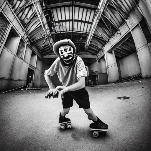 Prompt: “ a highly detailed photo of a clown skateboarding in an abandoned mall, fisheye lens, sharp focus, award winning, 8 k ”