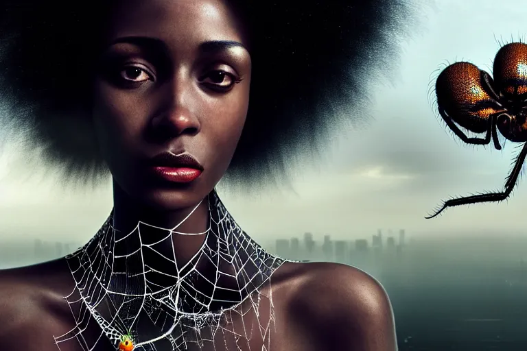 Image similar to realistic detailed photorealistic portrait movie shot of a beautiful black woman with a giant spider, dystopian city landscape background by denis villeneuve, amano, yves tanguy, alphonse mucha, ernst haeckel, david lynch, edward robert hughes, roger dean, cyber necklace, rich moody colours, cyber patterns, wide angle