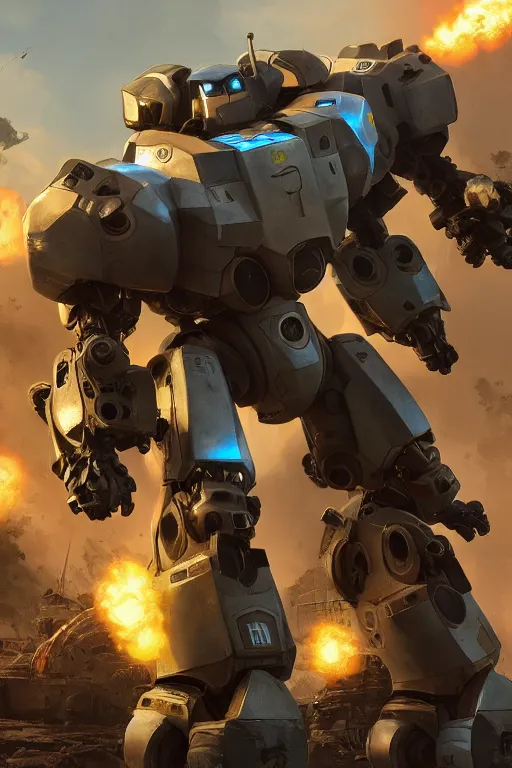 Image similar to mechwarrior 5 : mercenaries mech megaman transformer robot boss tank engine game octane render, 4 k, hd 2 0 2 2 3 d cgi rtx hdr style chrome reflexion glow fanart, global illumination ray tracing hdr fanart arstation by ian pesty by jesper ejsing pixar and disney unreal zbrush central hardmesh