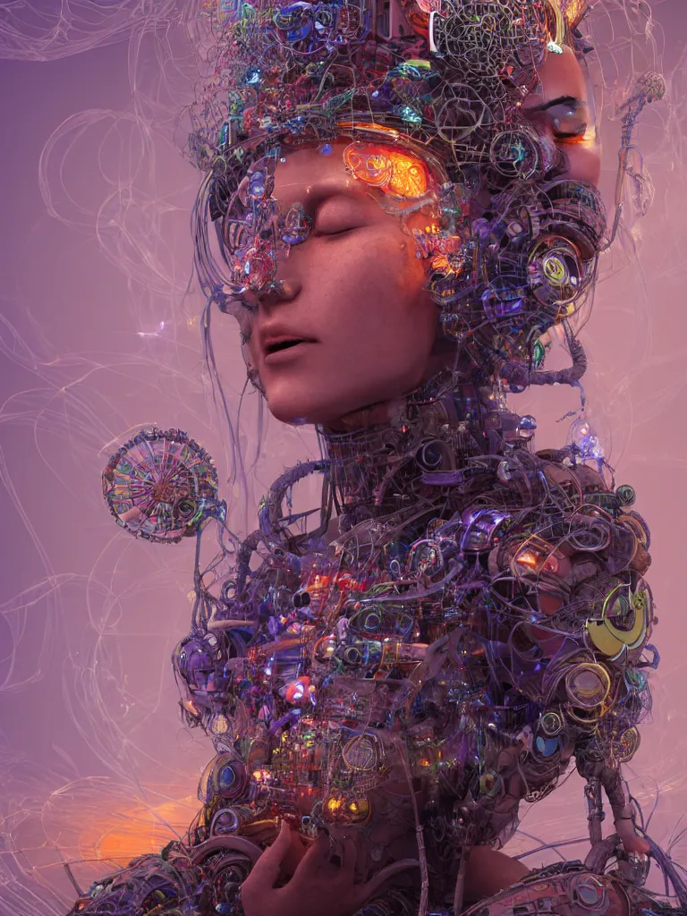 Prompt: an ancient mystical alluring female shaman generating flowing energy and surrounded by wisps of incense smoke sits meditating in a magical cybernetic robot temple, face face face, by android jones and vitaly bulgarov, 3 d, cinema 4 d render, trending on artstation