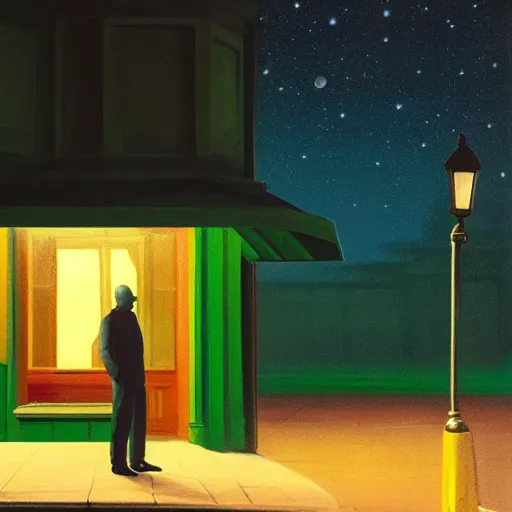 Prompt: a detailed portrait of a lonely man with a skull as his head waiting for the bus at night, green dramatic and cinematic light from the streetlight, the background is the sky full of stars, in the style of edward hopper, 4 k,