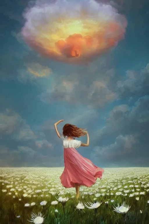 Image similar to giant white daisy flower over head, girl dancing in a flower field, surreal photography, sunrise, dramatic light, impressionist painting, colorful clouds, digital painting, artstation, simon stalenhag