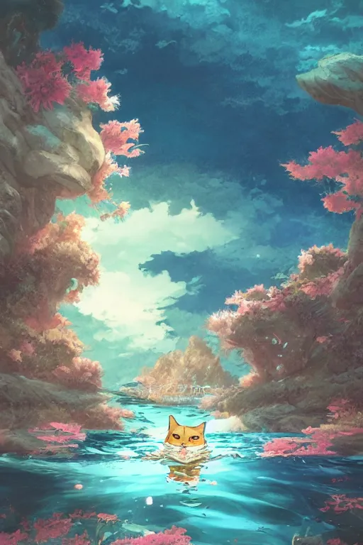 Image similar to A cat swimming in water, Japanese anime style, fantasy matte painting，cute, rich colors, high details，light effect，Studio Ghibli style，by Justin Currie and Justin Gerard，trending on cgsociety and artstation，8kHDR，