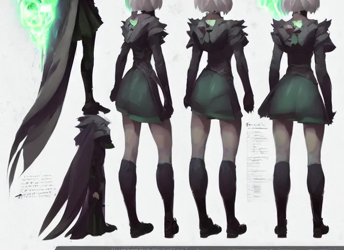 Image similar to character sheet for a beautiful and cute girl for genshin impact by greg rutkowski, black to light green fade hair, genshin impact style, sorcerer magic witch, by studio ghibli, digital art, trending on artstation, hd, 8 k, highly detailed, good lighting, beautiful, masterpiece