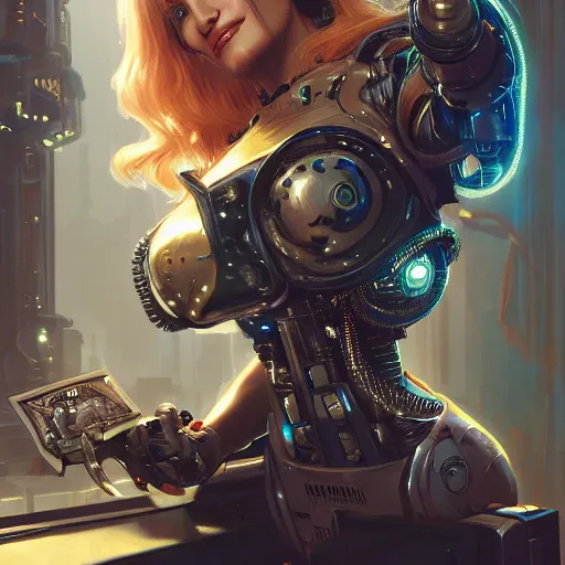 Image similar to closeup of cyborg Dolly Parton holding a books, cyberpunk 2077 setting, intricate, elegant, highly detailed, digital painting, artstation, concept art, matte, sharp focus, illustration, hearthstone, art by Artgerm and Greg Rutkowski and Alphonse Mucha