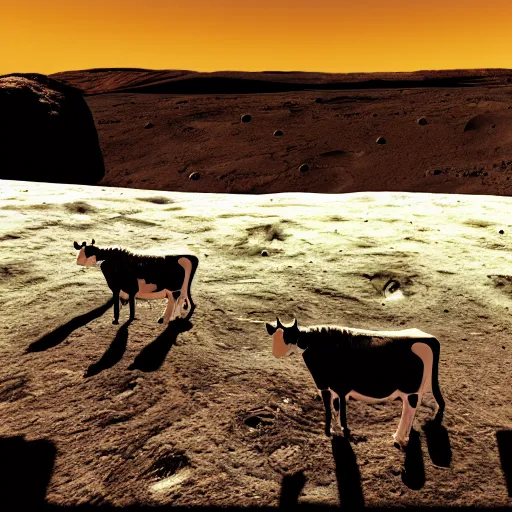 Image similar to realistic picture of cows on the moon, sunlight, detailed, realism, glow, 8k,