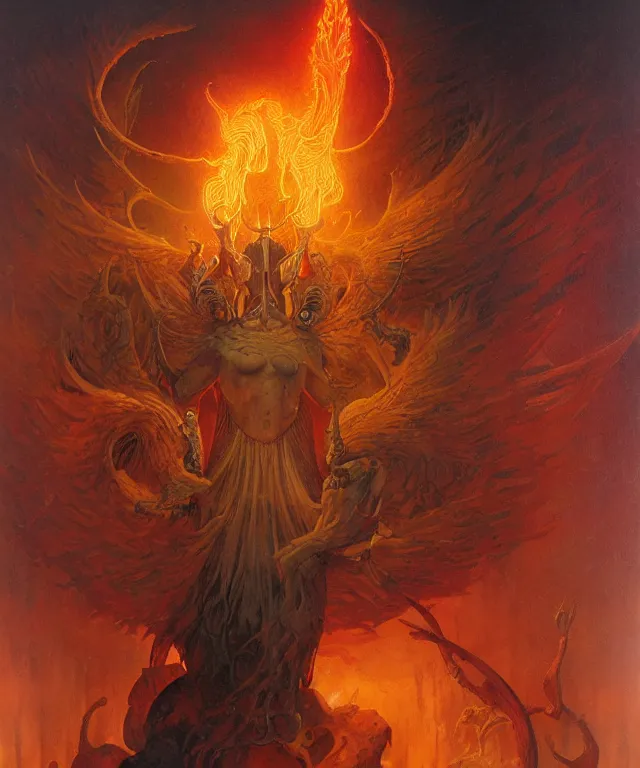 Image similar to horus, glowing fiery background, in the style of peter mohrbacher, wayne barlowe, gustav moreau, bussiere, roberto ferri, santiago caruso, luis ricardo falero, austin osman spare, colorful