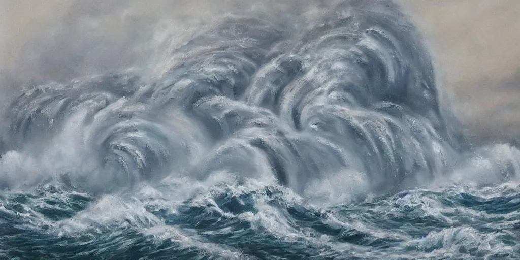 Prompt: tsunami crashing into Manhattan, realist painting