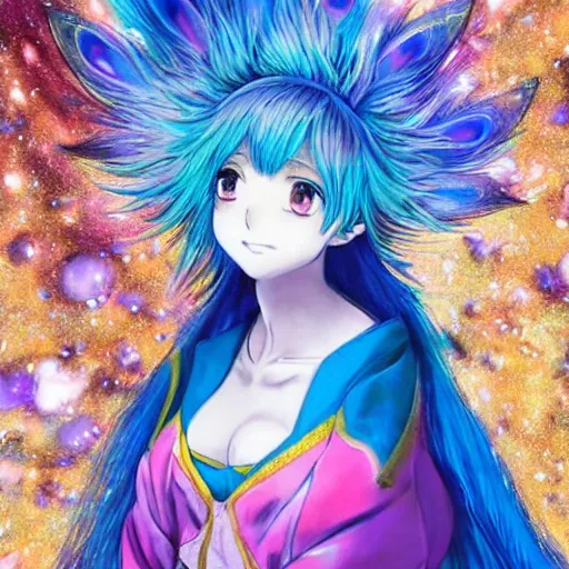 Prompt: portrait from an anime of an ethereal colorful blue starry peacock fox, accented in bright metallic gold, wearing star filled magic imbued mage robes, art by yuji ikehata, background art by miyazaki, realism, proper human proportions, fully clothed