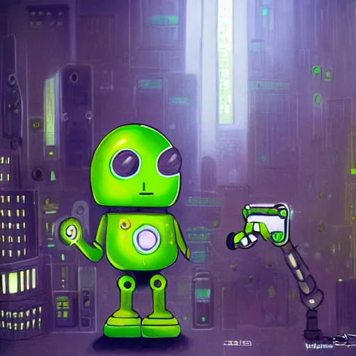 Image similar to an avocado robot in a future city, highly detailed, fantasy art