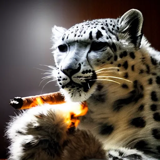 Image similar to Snow leopard smoking a cigar in the club, award winning photo