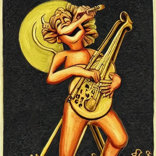 Image similar to the devil playing a golden fiddle,extremely detailed multiple unique different art styles.