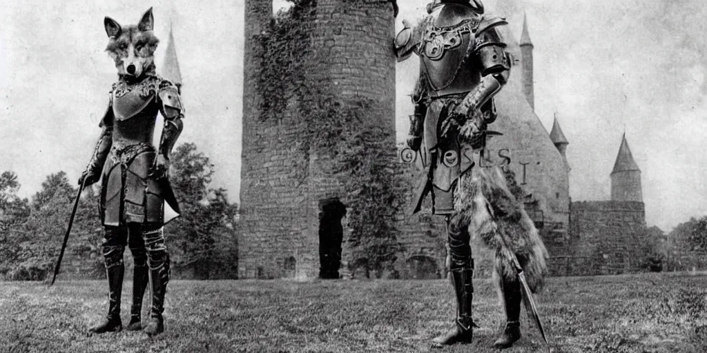 Prompt: anthropomorphic furry wolf in armor standing tall in front of a castle, 1900s picture