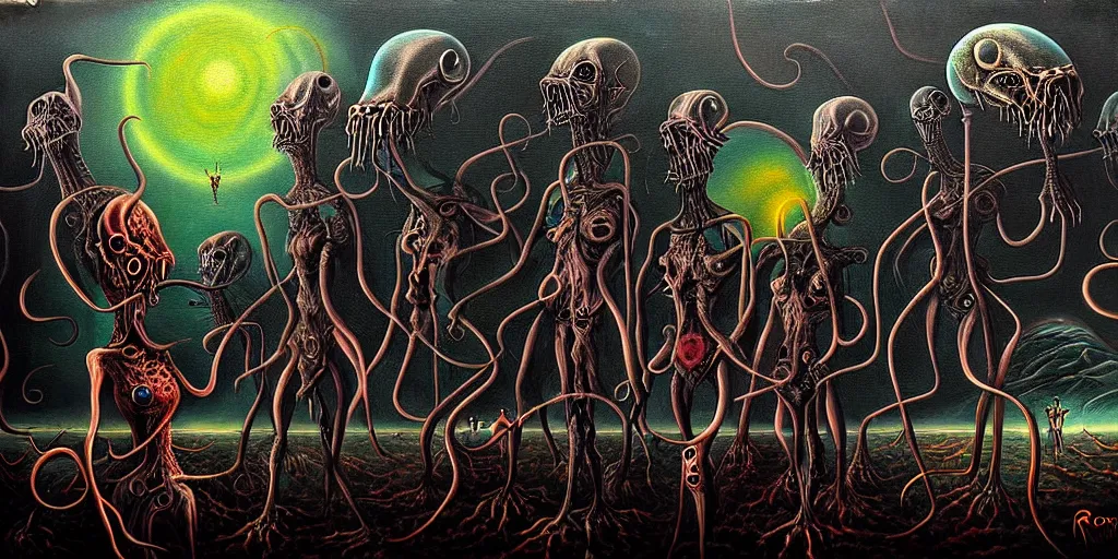 Image similar to creatures lurking in the collective unconscious, in a dark surreal painting by ronny khalil