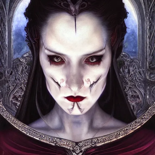 Prompt: Masterpiece painting of beautiful malicious vampire princess gothic portrait by Donato Giancola and Tom Bagshaw, face by Artgerm and Edmund Leighton, golden ratio, trending on cgsociety, intricate, majestic, dark epic fantasy, trending on artstation, by H.R. Giger, background by James Jean and Gustav Klimt, 8k, volumetric Lighting, Hokusai, detailed crimson ink outline, trending on pixiv