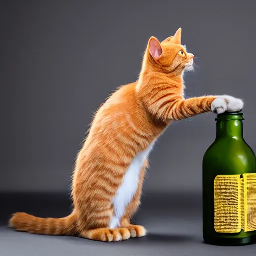 Prompt: a cat standing next to a bottle of medicine. the cat was orange in color and having fluffy fur. animal. digital art. pixabay. shutterstock. smooth.