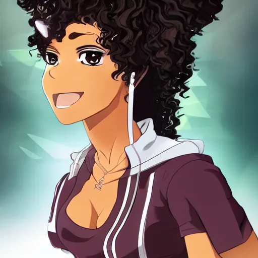 Image similar to A brown skinned woman with black curly hair as an anime character, highly detailed, anime