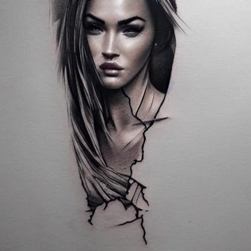 Image similar to tattoo design sketch with double exposure effect, megan fox face faded with beautiful mountain scenery, in the style of matteo pasqualin, amazing detail, pinterest tattoo