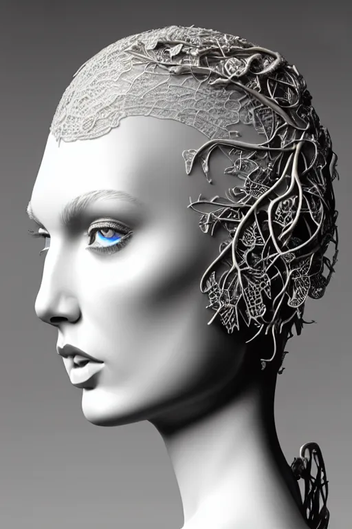 Prompt: complex 3d render ultra detailed of a beautiful porcelain profile of taylor swift face, biomechanical cyborg, analog, 150 mm lens, beautiful natural soft rim light, big leaves and stems, roots, fine foliage lace, silver dechroic details, massai warrior, Alexander Mcqueen high fashion haute couture, pearl earring, art nouveau fashion embroidered, steampunk, intricate details, mesh wire, mandelbrot fractal, anatomical, facial muscles, cable wires, microchip, elegant, hyper realistic, ultra detailed, octane render, H.R. Giger style, volumetric lighting, 8k post-production