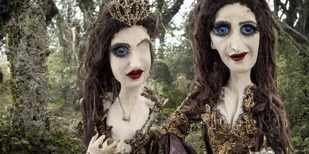 Image similar to photo taken of an epic intricate, ultra detailed, super realistic stop motion puppet of a majestic gracious regal aristocratic brunette female vampires in a graveyard filmset created by weta workshop and tim burton, menacing, wide angle, moody night time shots, photorealistic, sharp focus, gloomy, extremely cold blueish colour temperature, 3 5 mm, f 1. 4