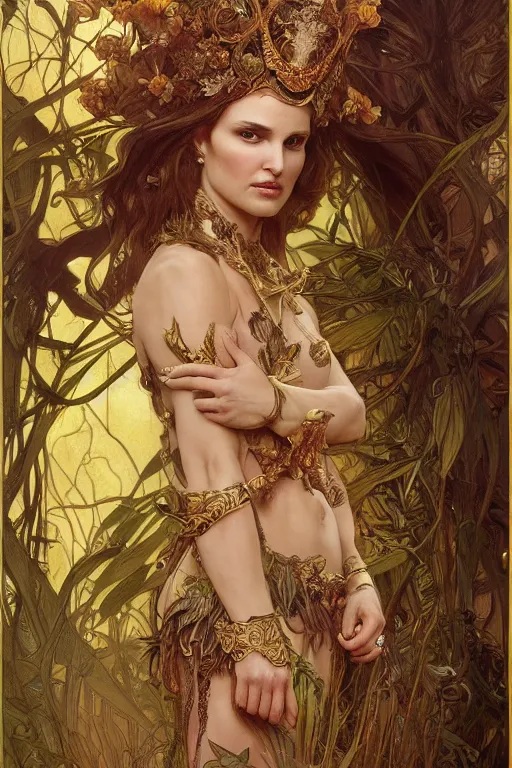 Image similar to natalie portman as queen of the jungle, painted by nekro, alphonse mucha, dark - fantasy, intricate detail, artstation, cgsociety, rococo, gold leaf art