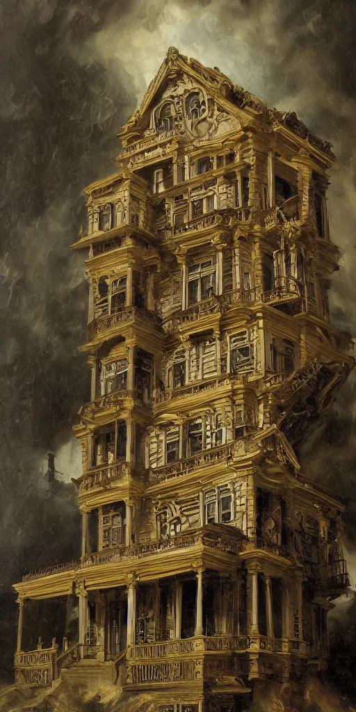 Prompt: detailed baroque oil painting of a singular victorian house made of pipe organ parts, style of goya and fritz lang and alan lee, trending on artstation