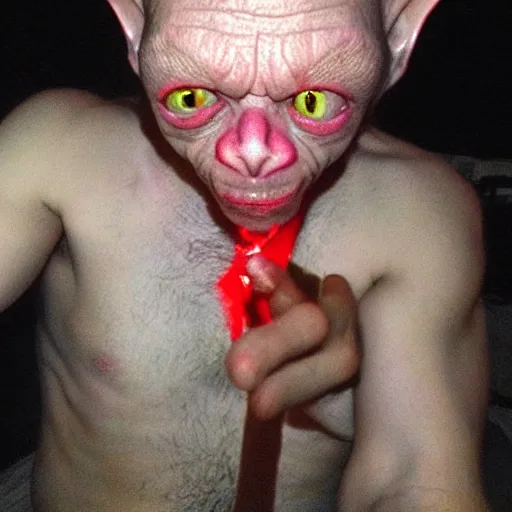 Image similar to Gollum with red eyes smoking blunt selfie