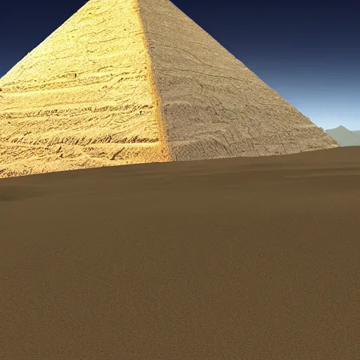 Image similar to front entrance of a pyramid with an inverted pyramid at the top in the desert partially covered by sand, highly detailed, videogame screenshot, panoramic view