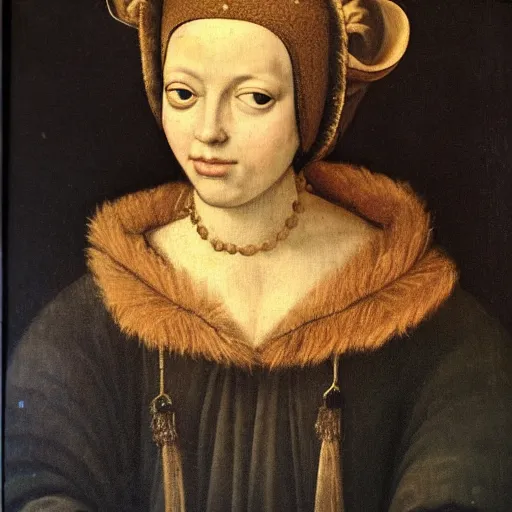 Image similar to a renaissance style portrait painting of {animal}, wearing a crown and cape, dark background