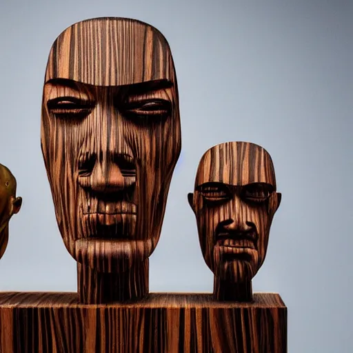 Image similar to an ultra realistic photo, of a wooden art sculpture on a base, of an ancient cyber gods in a gallery of contemporary art octa 8k style art toys
