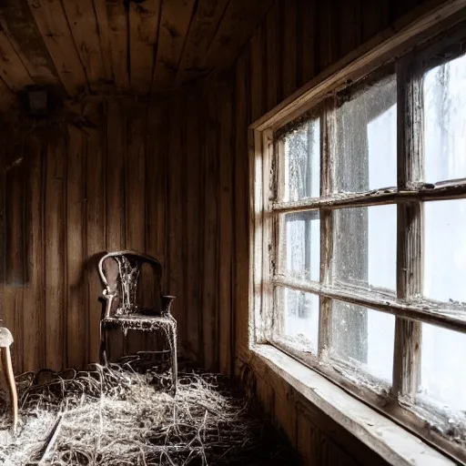 Image similar to a film production still, 2 8 mm, wide shot of a cabin interior, wooden furniture, cobwebs, spiderwebs, window light illuminates dust in the air, abandoned, depth of field, cinematic