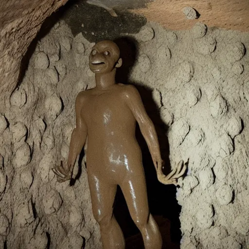 Prompt: found footage of a humanoid made of wet clay emerging from a wall inside of a cave made of wet clay, creepy, flash photography, unsettling, moist, low quality