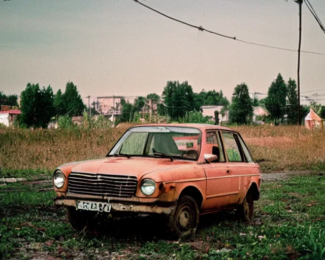 Prompt: a lomographic photo of old lada 2 1 0 7 standing in typical soviet yard in small town, hrushevka on background, cinestill, bokeh