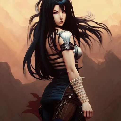 Prompt: an epic fantasy comic book style portrait painting of tifa, d & d, fantasy, intricate, elegant, digital painting, artstation, concept art, extremely detailed, matte, sharp focus, illustration, art by artgerm and greg rutkowski and alphonse mucha