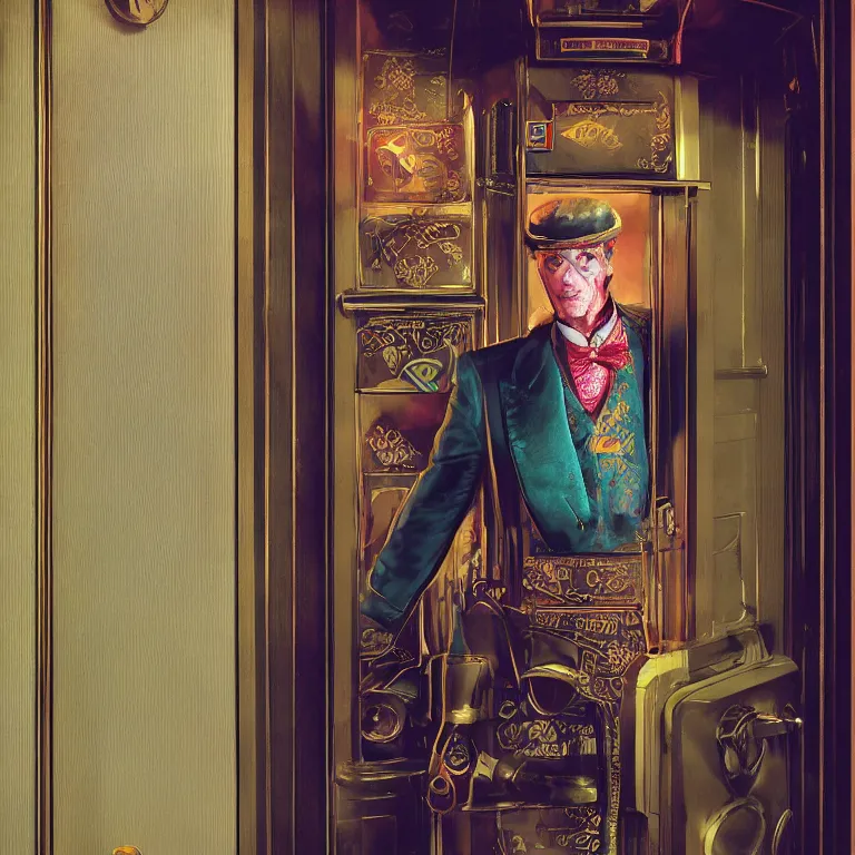 Prompt: vpgue octane render portrait by wayne barlow and carlo crivelli and glenn fabry, a sinister man in a bright colorful patterned pastel wes anderson elevator operator costume inside a dark and moody vintage elevator in a high - end exotic vintage boutique hotel, very short depth of field, bokeh