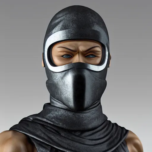 Prompt: focused 3 d rendering of marble and chrome statue of ninja wearing full face mask and hunter hat, no pose, combat suit, technological, octane render