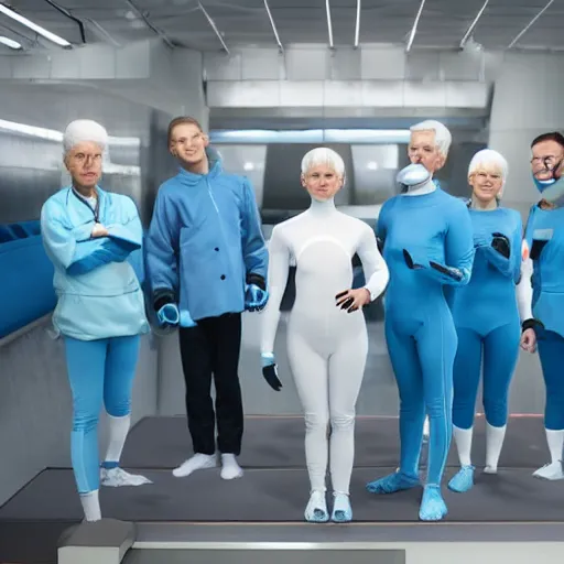 Image similar to group of weird athletic humans with light blue neoprene suits and white hair standing in tight formation on a conveyor belt, advanced futuristic laboratory, sci - fi, highly detailed, hyperrealistic