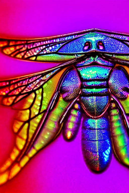 Image similar to high quality macro photo holographic art nouveau fly! jeweled gorgeous! highly detailed digital art david ligare elson peter cinematic purple neon lighting high quality low angle hd 8k sharp shallow depth of field